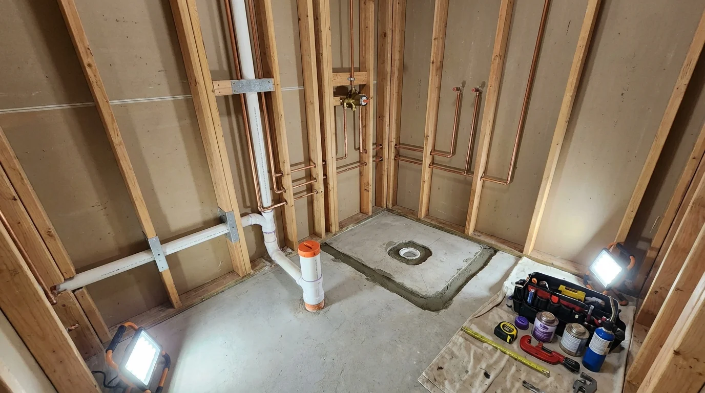 Bathroom rough-in plumbing during remodel by Johns Plumbing LLC in Locust Grove