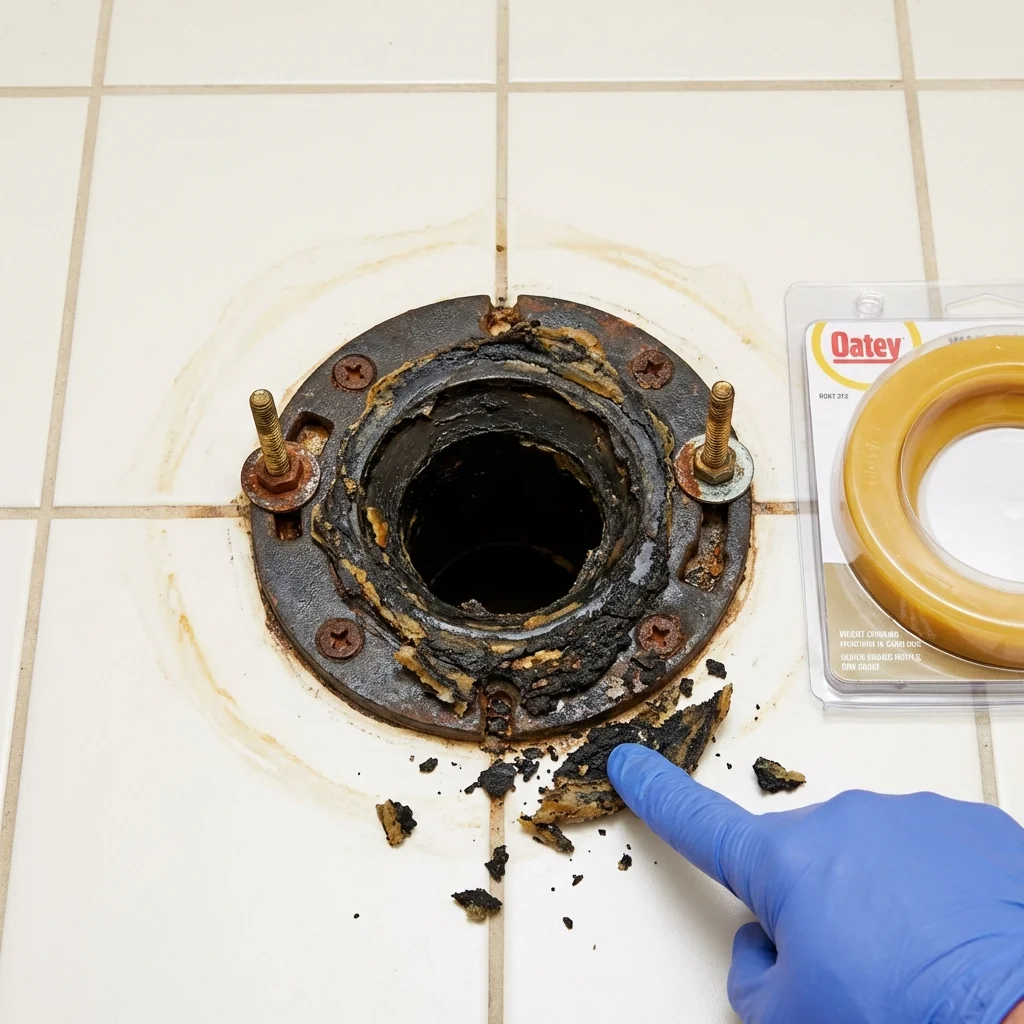 Failed wax ring showing water seepage at the base of a toilet in a Locust Grove, GA home