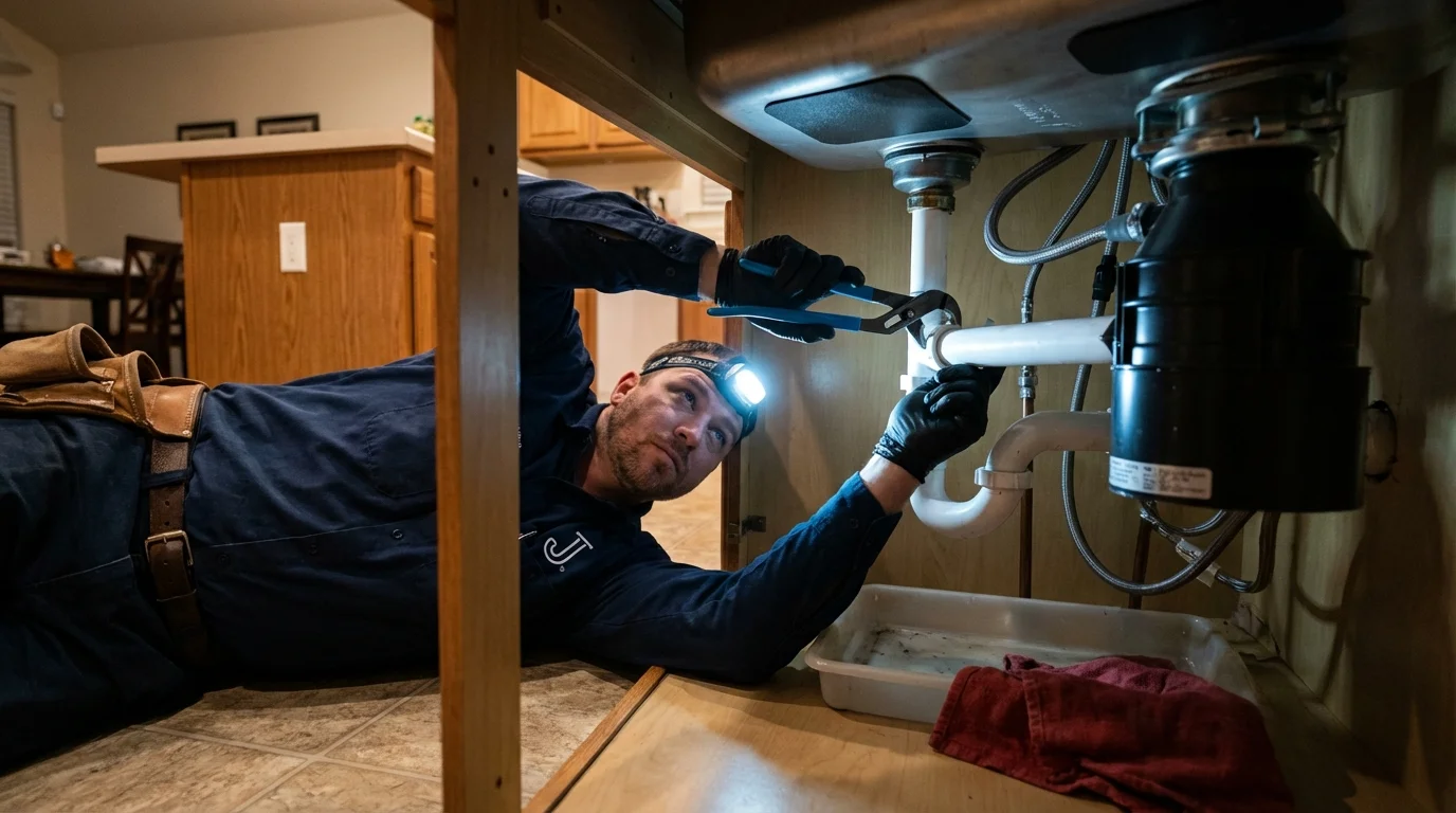 P-trap and supply line connections under a kitchen sink showing a common leak point in Locust Grove, GA